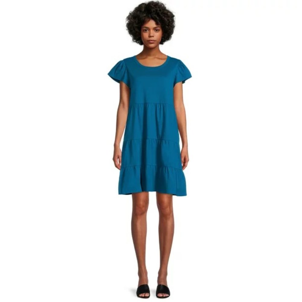 TIME AND TRU women's blueish green tiered knit dress pockets XS 0-2 w-098